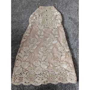 Kimcine Nude Gold Floral Embroidered Lace Up Back Halter Mini Dress Small KCD161